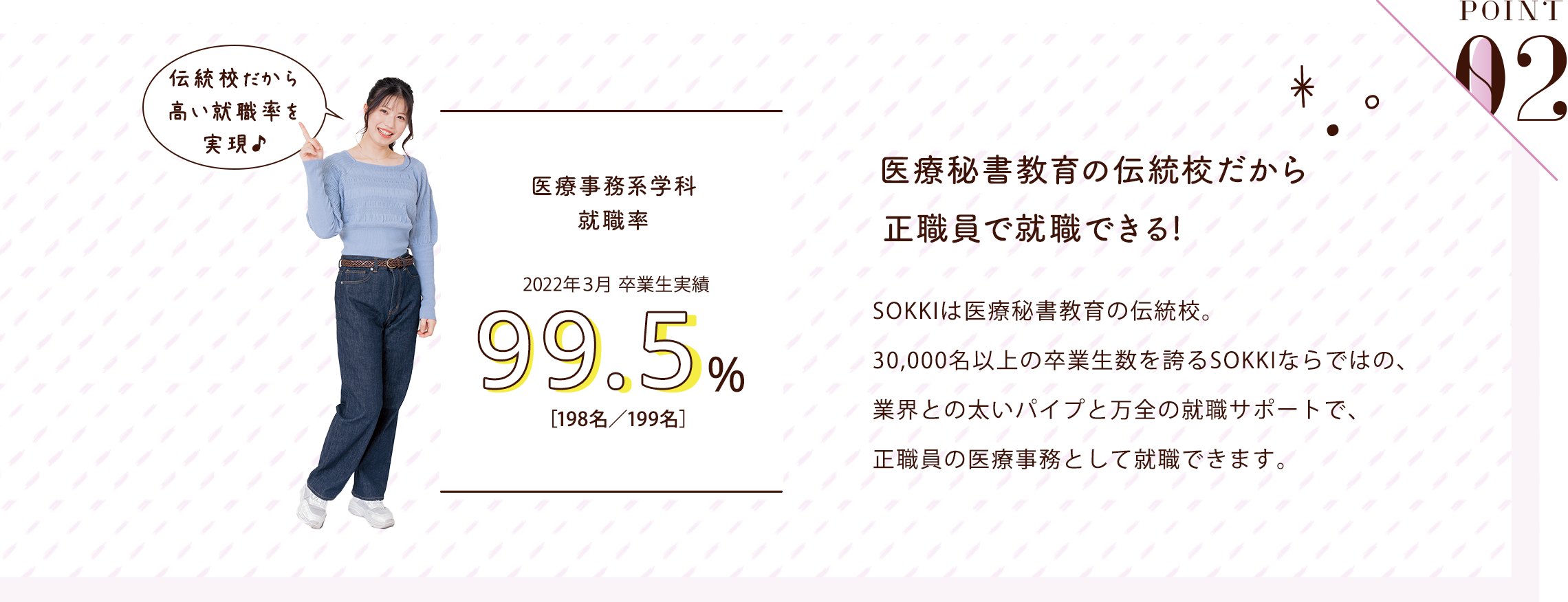 POINT02 医療秘書教育の伝統校だから正職員で就職できる！